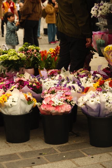 A variety of fresh floral bouquets arranged in black buckets displayed on a pavement at a flower market. The bouquets feature a diverse selection of flowers, including pink, white, purple, and yellow