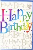 This birthday card design radiates colourful joy, the kind of energy you might feel walking past a bustling Crofton Park bakery filled with balloons and cake. The phrase Happy Birthday runs boldly across the centre in large, gently rounded letters, each one painted in its own vivid hue. The colours drift through the rainbow, beginning in deep cherry and raspberry reds, softening into blush pink and mango orange, then illuminating into golden yellow before transitioning into zesty green, turquoise blue, inky navy, and finally a touch of regal purple. The gradient is smooth and polished, with each letter clearly defined, giving the impression of careful craftsmanship similar to how a florist in Crofton Park artfully arranges blooms from warm to cool tones in one generous bouquet. The ink on the letters appears slightly glossy, creating a subtle reflection that suggests a quality card stock and a smooth, almost velvety surface. Behind the central message, the background is light and airy, filled with repeated lines of Happy Birthday to you written in graceful, looping gold script. The metallic sheen is gentle but noticeable, catching the light in soft flashes like fairy lights strung for a birthday dinner near Hilly Fields. This golden script creates a gentle hum of repeated well-wishes, a visual echo of the main greeting. Here and there, tiny stars and confetti-like flecks of colour are sprinkled across the card, adding playfulness and movement, as if someone has just finished tossing a handful of glittery confetti into the air. The overall mood is warm, festive, and heartfelt, ideal for pairing with a bright bouquet from Flowers Crofton Park for same-day birthday delivery to friends, neighbours, or family nearby.